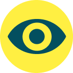 Icône ronde jaune montrant un œil stylisé. Elle symbolise l’attention portée à la signalisation et à l’environnement avant toute activité au bord du fleuve.