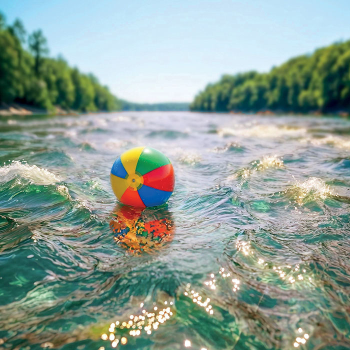 Un ballon de plage dérive seul à la surface du fleuve. L’eau est agitée par le courant et bordée de végétation sur les deux rives. L’image évoque le risque d’emport par le courant ou de noyade.