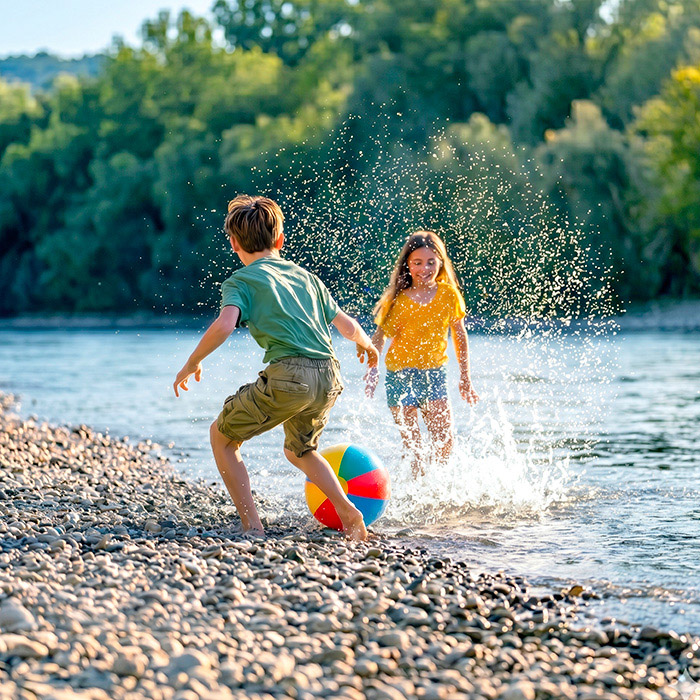Un garçon et une fille jouent près de l’eau sur une berge recouverte de galets. Un ballon multicolore est posé à leurs pieds tandis que des éclaboussures jaillissent autour d’eux. La scène illustre les loisirs et activités familiales pratiqués au bord du Rhône.