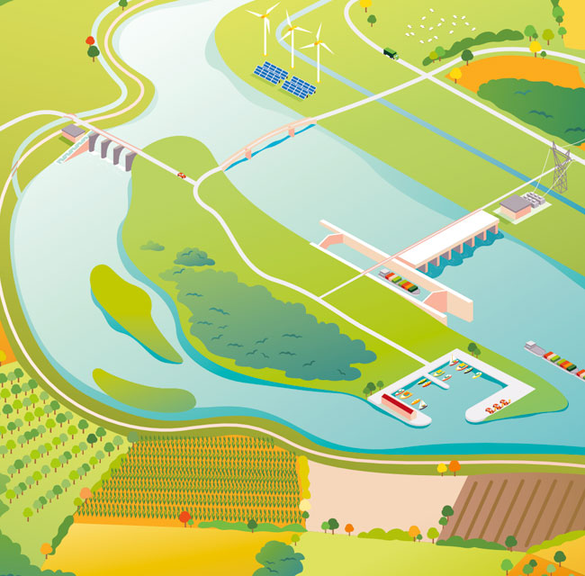 Schéma du Rhône présentant un barrage, une centrale hydroélectrique, une écluse, une île naturelle, un port de plaisance, des terres agricoles, des panneaux solaires et des éoliennes, illustrant les usages du fleuve et la production d’énergie renouvelable.