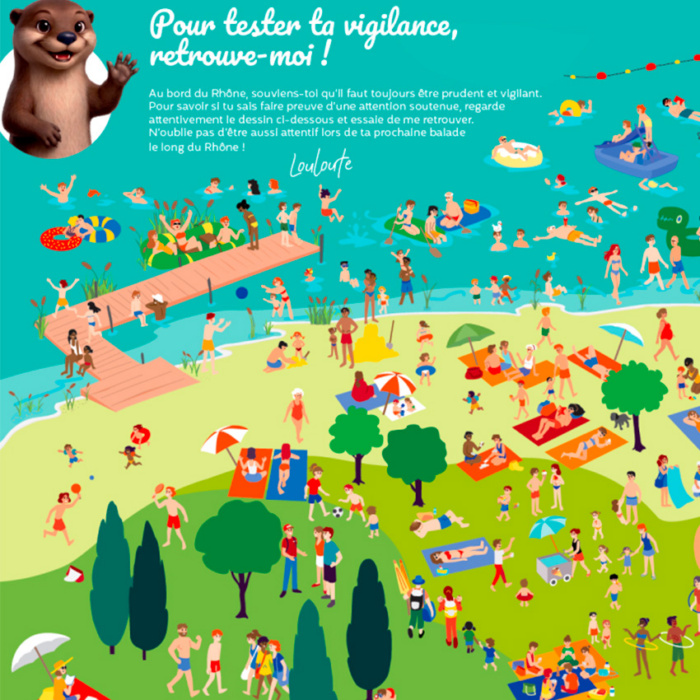 Illustration animée montrant une plage fréquentée par des familles, des nageurs et des pratiquants d’activités nautiques. La mascotte Louloute invite les enfants à exercer leur vigilance autour du Rhône.