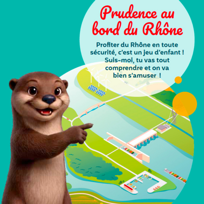 Une loutre souriante pointe une illustration d’aménagement hydraulique. Le visuel accompagne un message de sensibilisation à la sécurité et à la découverte du Rhône.