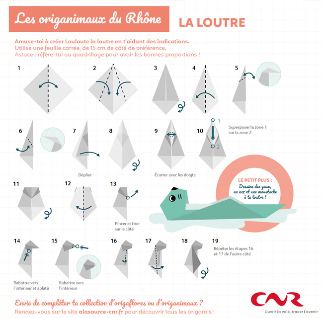 Support imprimable destiné aux enfants. Les enfants peuvent créer une loutre en origami.