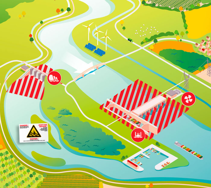 Carte illustrée représentant un barrage, un canal et les espaces environnants. Les zones hachurées en rouge indiquent les secteurs à risque où l’accès est interdit ou réglementé.